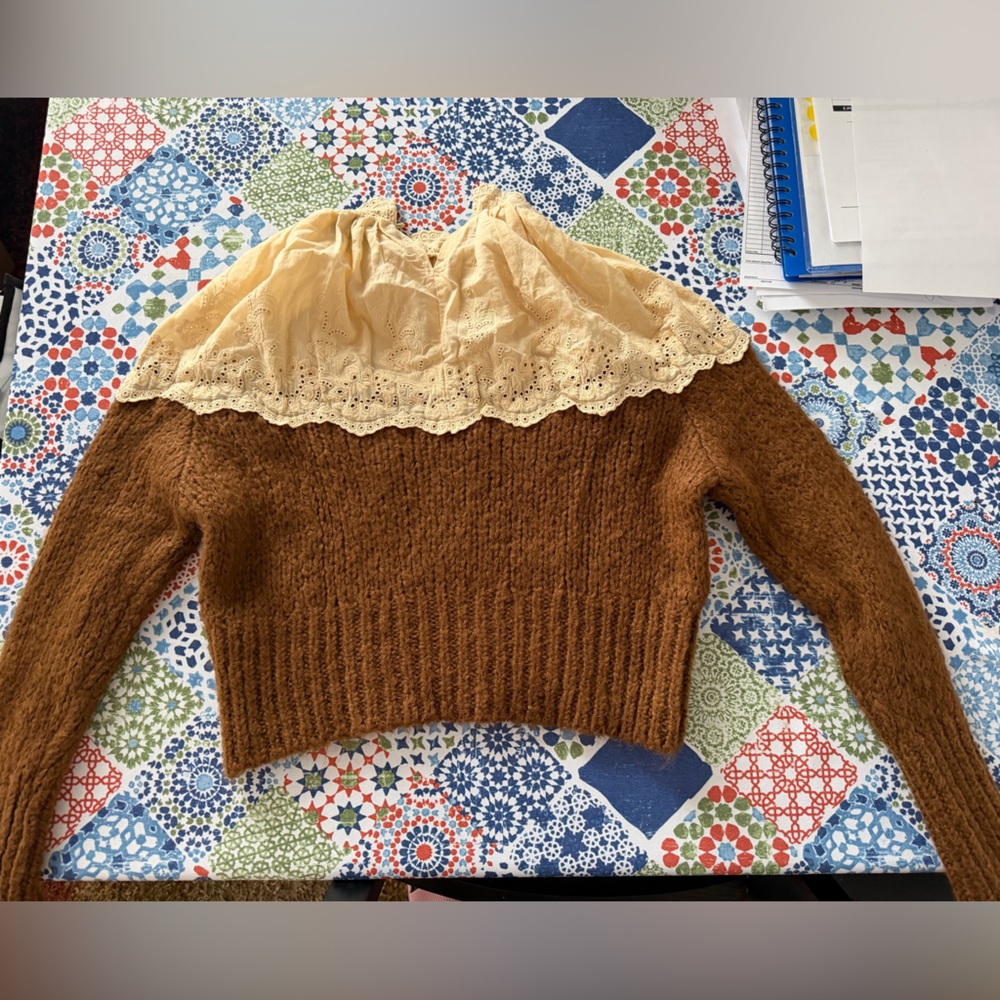 Zara Brown Sweater with Cream Lace Accent